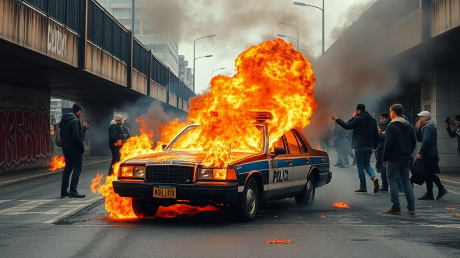 Chaotic urban protest scene with burning police car and smoke.