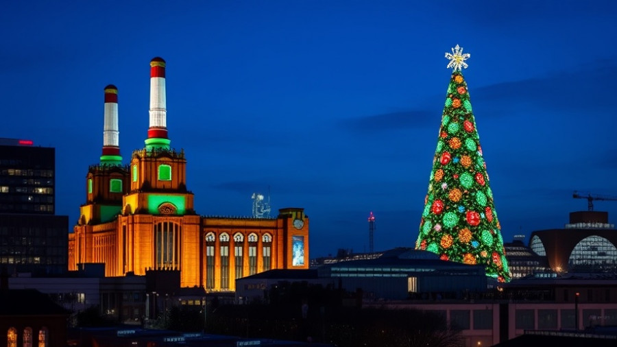 Christmas tree competition Battersea Power Station evening projection.