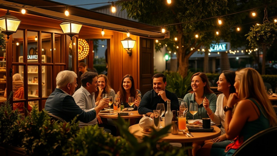 Cozy outdoor dinner setting, people dining under string lights.