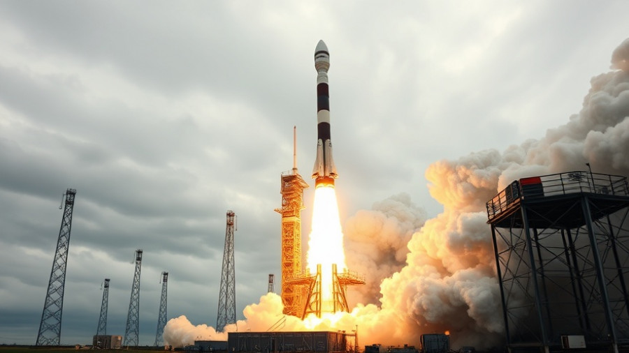 Ariane 6 launch today amid smoke and flames, overcast sky.