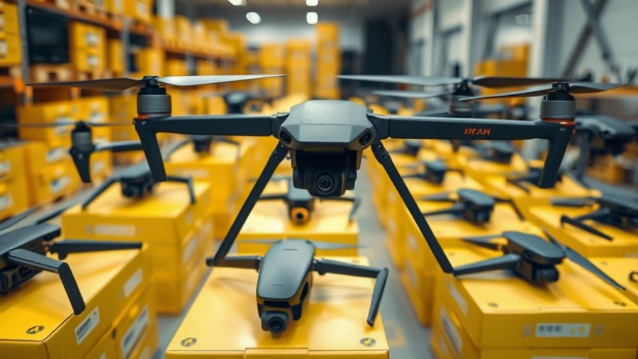 Ukrainian drone technology components arranged on boxes in storage.