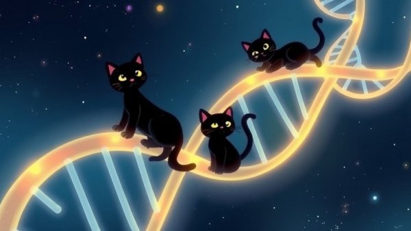 Whimsical cats on DNA strand, concept of gene splicing.