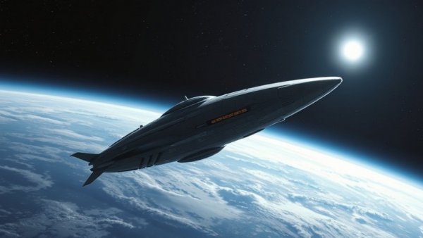 Futuristic self-replicating probe exploring deep space, distant star.