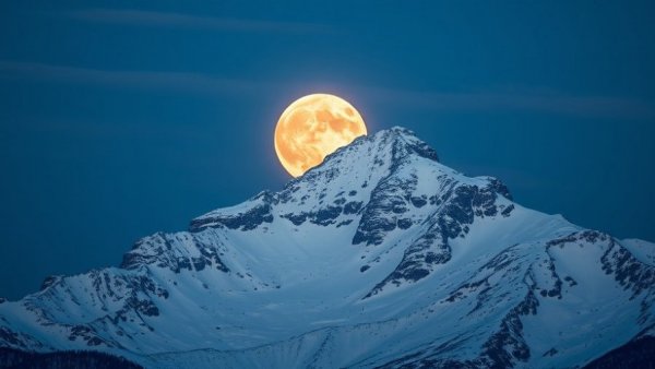 Largest supermoon of 2025 rising over snowy mountain at twilight.
