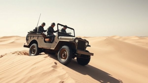 Historic military jeep driving on sandy dune, black and white photo.