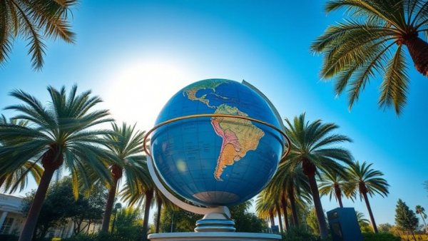 Universal globe sculpture with palm trees, sunny day.