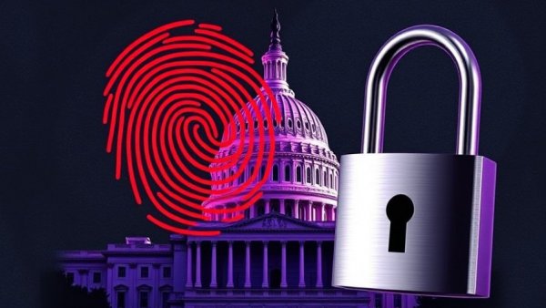 Stylized US Capitol with fingerprint and padlock, symbolizing cybersecurity in government shutdown.