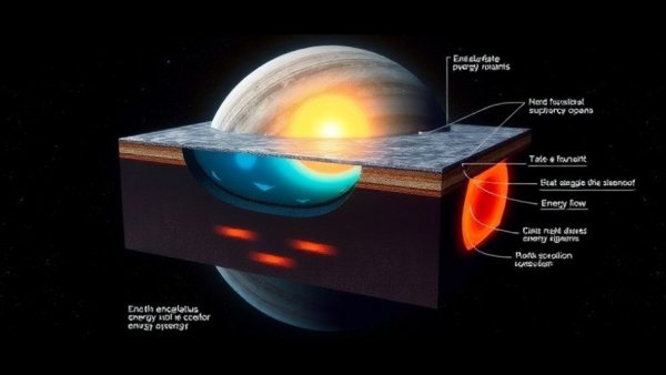 Enceladus subsurface ocean energy diagram illustrating heat flow.