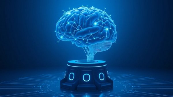 Futuristic neural network brain symbolizing superintelligence.