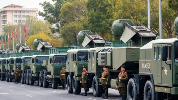Military parade with missile trucks and soldiers in formation.