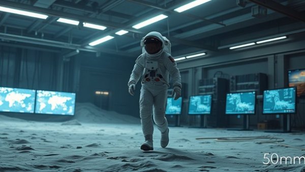Astronaut in exosuit walking on simulated lunar surface with tech setup