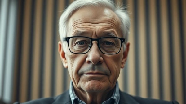 Elderly man with glasses in a soft-lit setting, AI voice cloning.