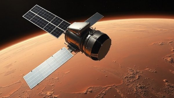 NASA's ESCAPADE mission satellite orbiting Mars, photorealistic view.