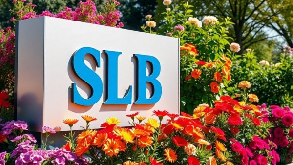 SLB logo sign in vibrant garden on a sunny day, SLB oil production Russia.