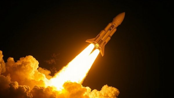 Rocket launch showcasing space innovation, vivid night scene.
