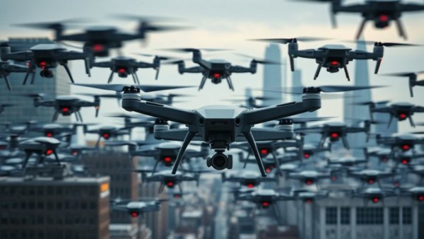 Drones in flight symbolizing drone threat rising.