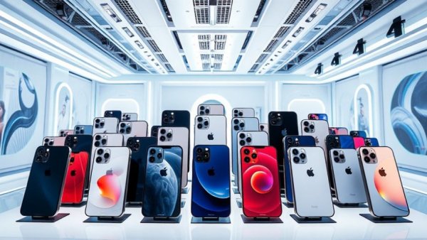 iPhone 18 Pro Max models on display in futuristic showroom, showcasing design features.
