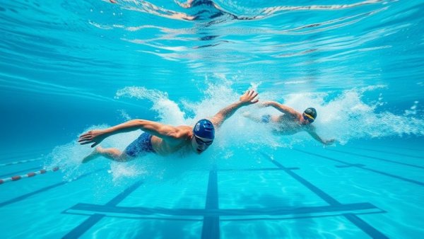 Underwater swimmers racing, exploring early practice impact on sleep, wide-angle.