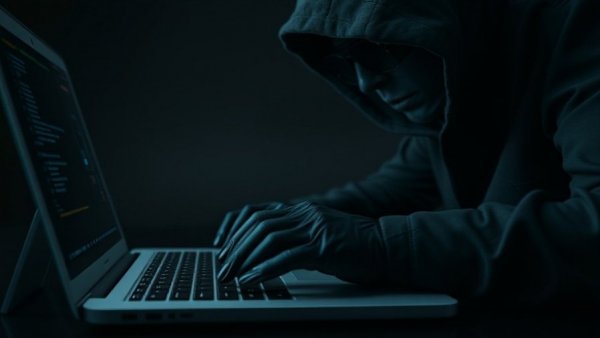 A person wearing gloves typing on a laptop, symbolizing AI-driven cyber espionage.