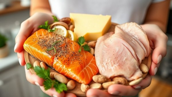 Variety of protein-rich winter foods like salmon, chicken, and cheese.