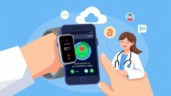 Digital health tracking illustration with devices and network.