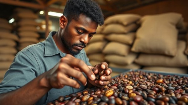 Worker in storage examining cacao beans in mapping system coffee cacao processing.