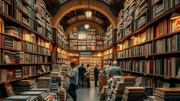 Bustling bookstore with stacks of books and patrons browsing.