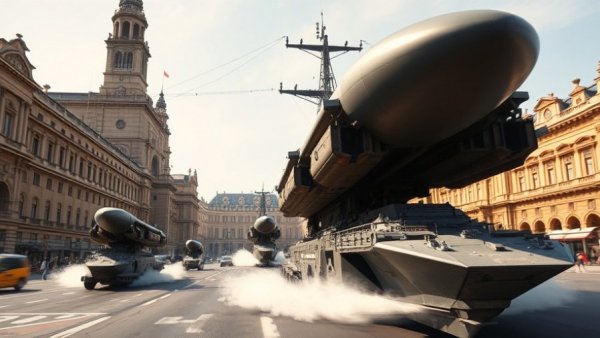 Military missile carriers parade amid rising nuclear tensions.