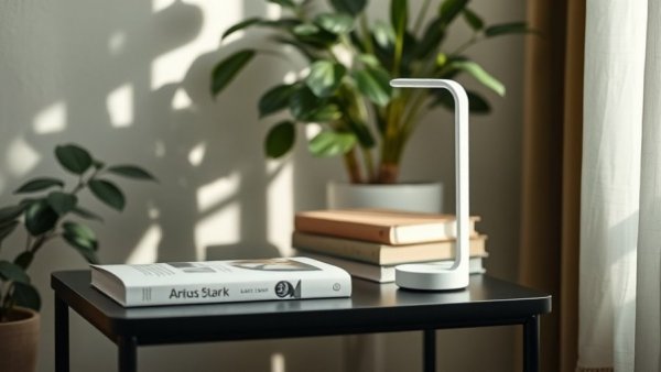 Minimalist white smart lamp on a table with books; consumer technology focus.