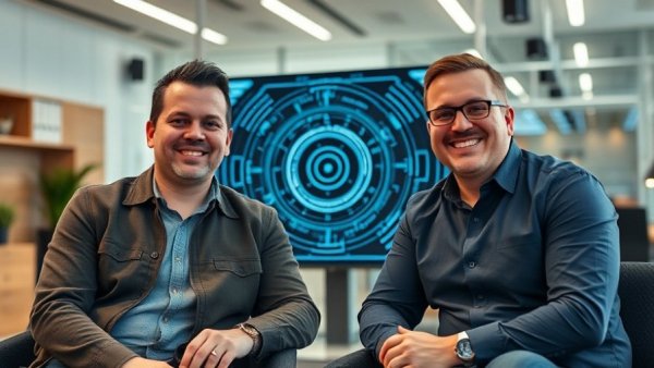 Two men with quantum computer display in office, predict errors in quantum computers