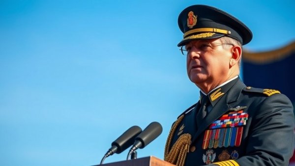 Military officer speaks at an event for Space Force's Vector 2025 with a flag behind.