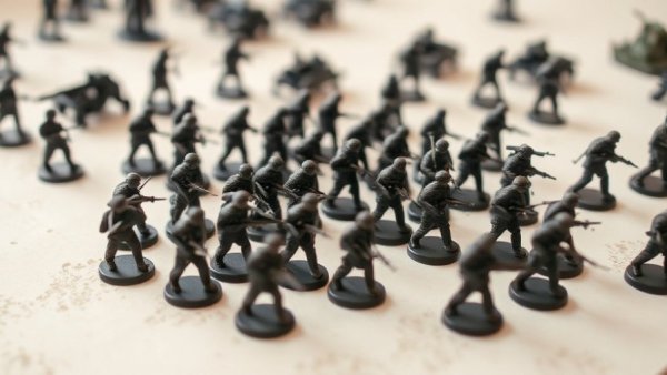 Strategic setup of plastic army figures on a white surface for wargaming.