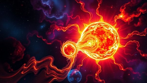 Vivid cosmic illustration showing a vampire star feeding with swirling colors.