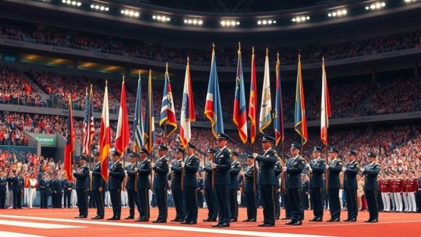 Navy ROTC program recognition ceremony with flag bearers at stadium.