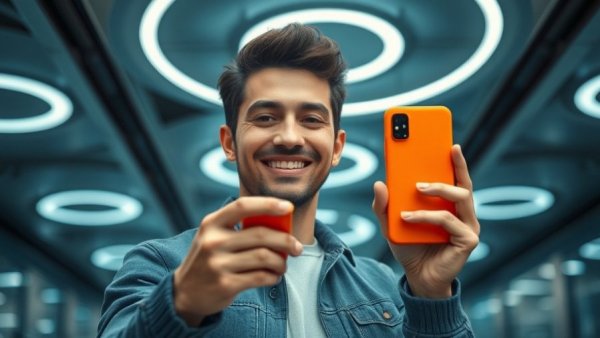 Man showing off orange iPhone 17 Pro, smile, modern interior.