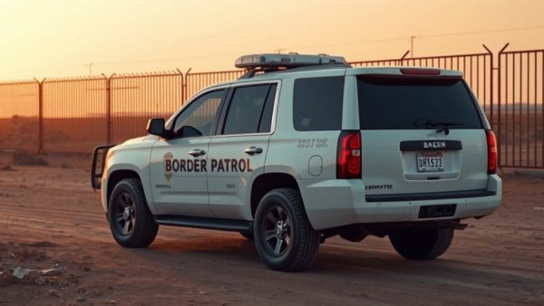US Border Patrol SUV near fence in dusty area at sunset.