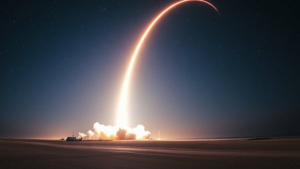 SpaceX Starlink satellites launch at night, creating a light arc.
