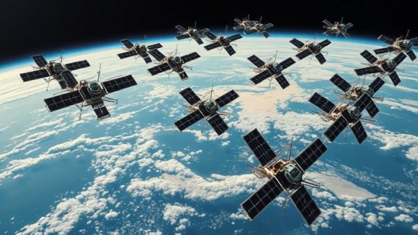 SpaceX Falcon 9 rocket view of satellite array over Earth.