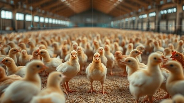 AI technology monitoring chicks in barn, advanced tracking system.