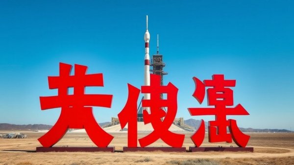 Chinese characters with rocket launch tower in open space.