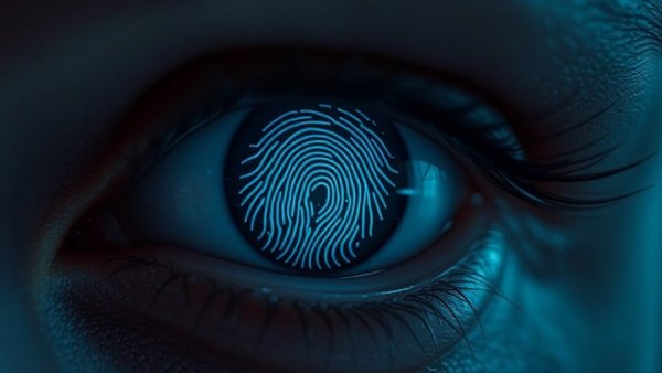 Futuristic eye reflecting digital fingerprint, highlighting AI boom in 2026.