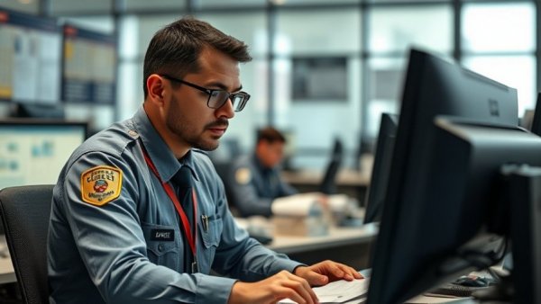 Customs officer working diligently at desk with computer, AI Surveillance Technology.