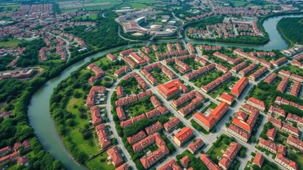 Aerial view of dense, red-roofed urban compound next to a river.