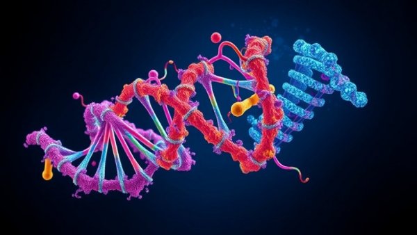 Vibrant abstract representation of RNA dynamic self-assembly.