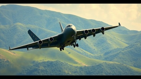 Military aircraft taking off on runway with green hills in the background.