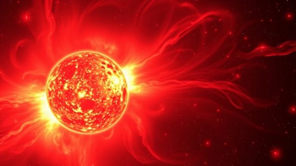 Red dwarf star coronal mass ejection with swirling gases and dynamic flares.