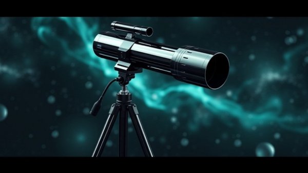Sleek smart telescope for stargazing with futuristic design and cosmic background.