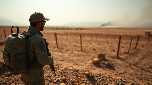 Iraqi Kurdistan air defenses site with soldier observing distant smoke.