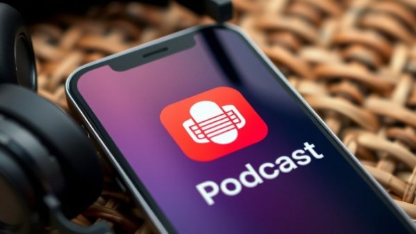Apple Podcasts app displayed on phone near headphones, highlighting app vulnerability.