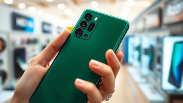Green smartphone close-up, highlighting sleek design.